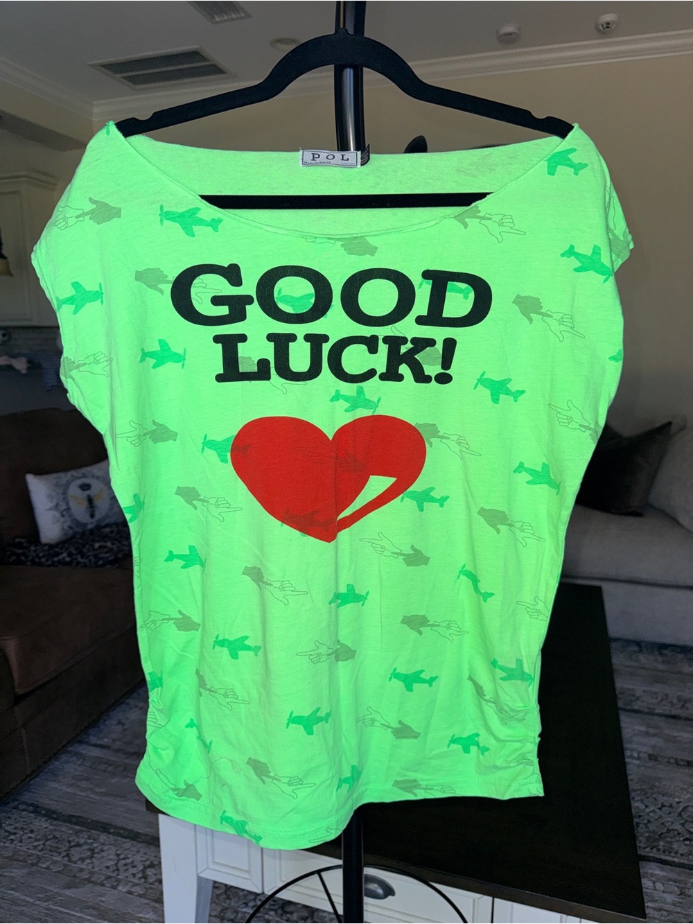 POL Good Luck Red Heart Wide Neck Tee - Size Large - NWOT